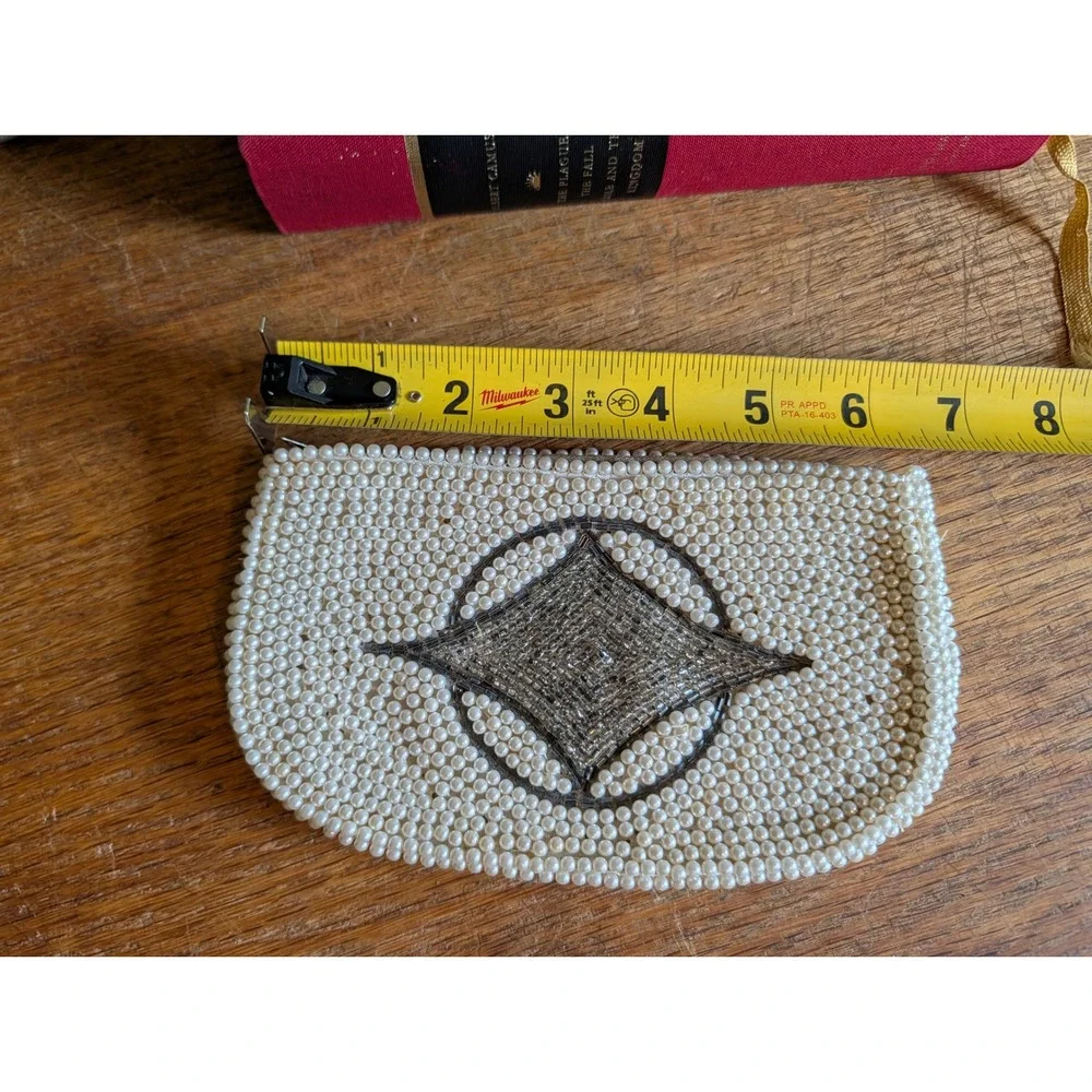 Vintage 50s/60s Handmade Beaded Pearl Clutch Purse Japan Geometric Evening Bag